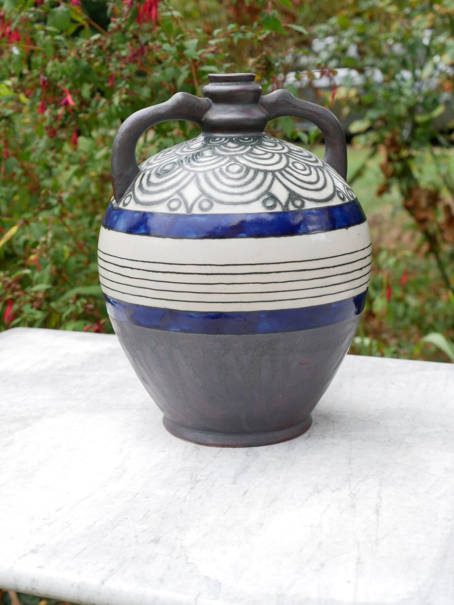 Large Art Deco Glazed Stoneware Pitcher By Louis Garin, Hb Quimper, Odetta 931-1477, 32 Cm, Ifs26ode001-photo-7