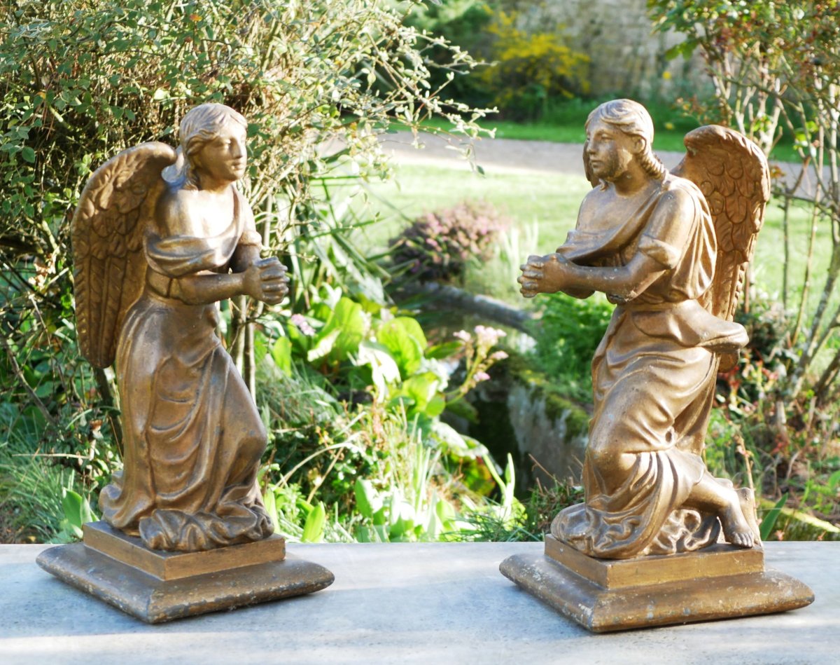 Pair Of Worshiping Angels Made Of Cast Iron — Antique Altar Sculpture — Cou23ang001-photo-2