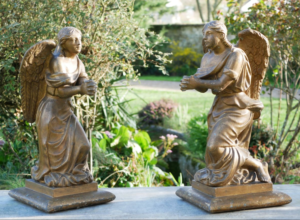 Pair Of Worshiping Angels Made Of Cast Iron — Antique Altar Sculpture — Cou23ang001-photo-3