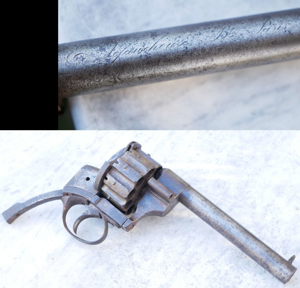 PARTIE énorme revolver Lefaucheux triple action 10 coups calibre 12 mm broche LIS25REV001