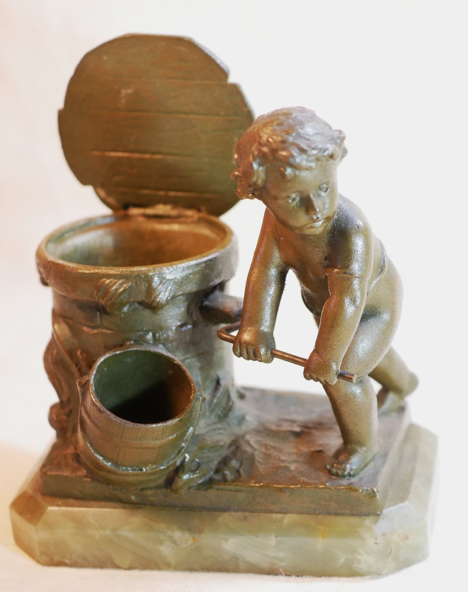 Encrier-pyrogène régule patine verte  putto puisant eau au puits  socle marbre XIXe SSL26ENC001-photo-3