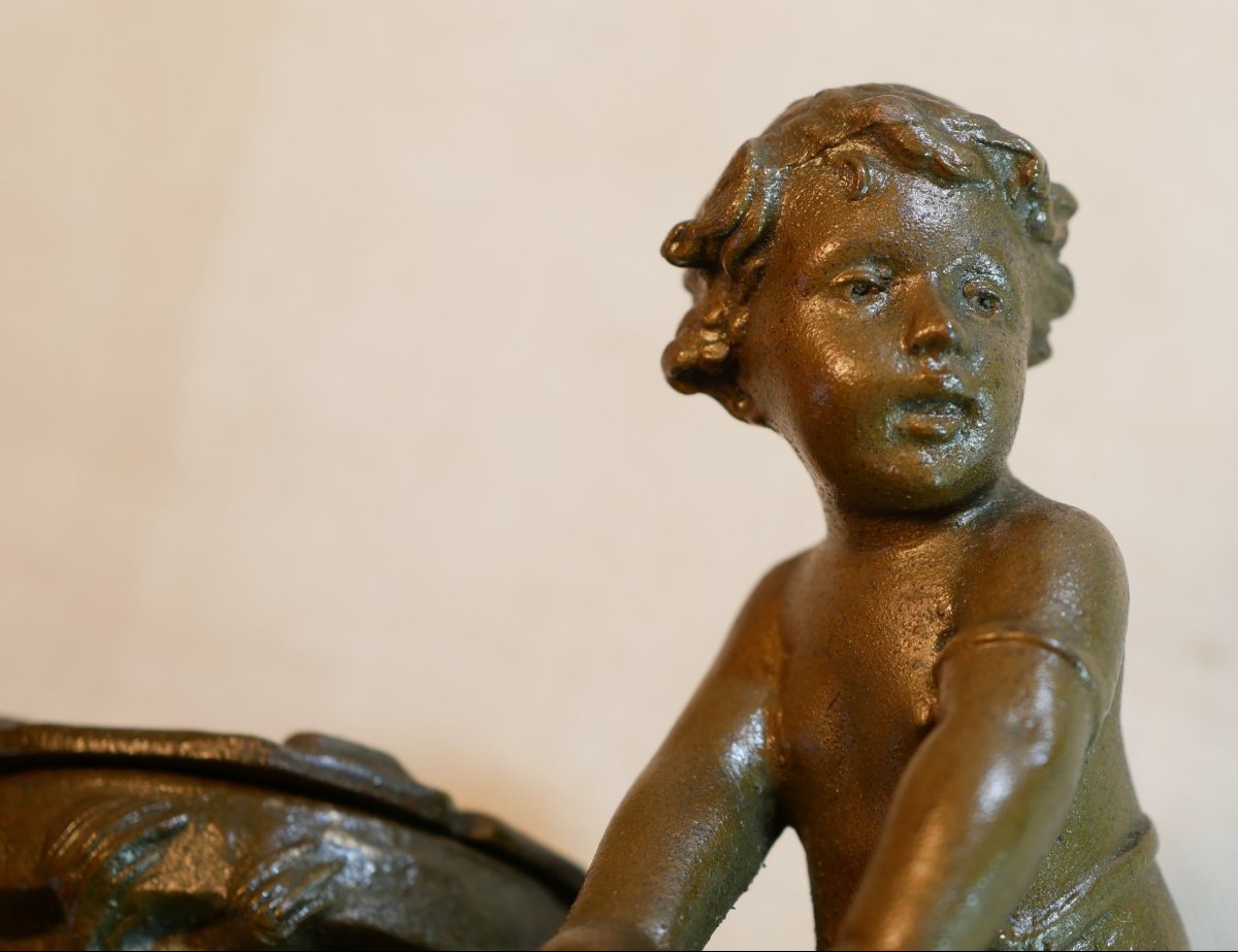 Encrier-pyrogène régule patine verte  putto puisant eau au puits  socle marbre XIXe SSL26ENC001-photo-5
