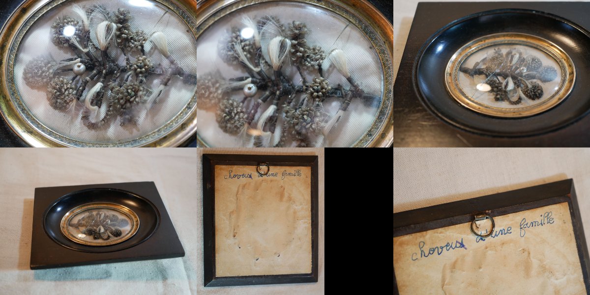 Cadre cheveux Memento Mori décor bouquet verre bombé Napoléon III SSL26CHV004-photo-4