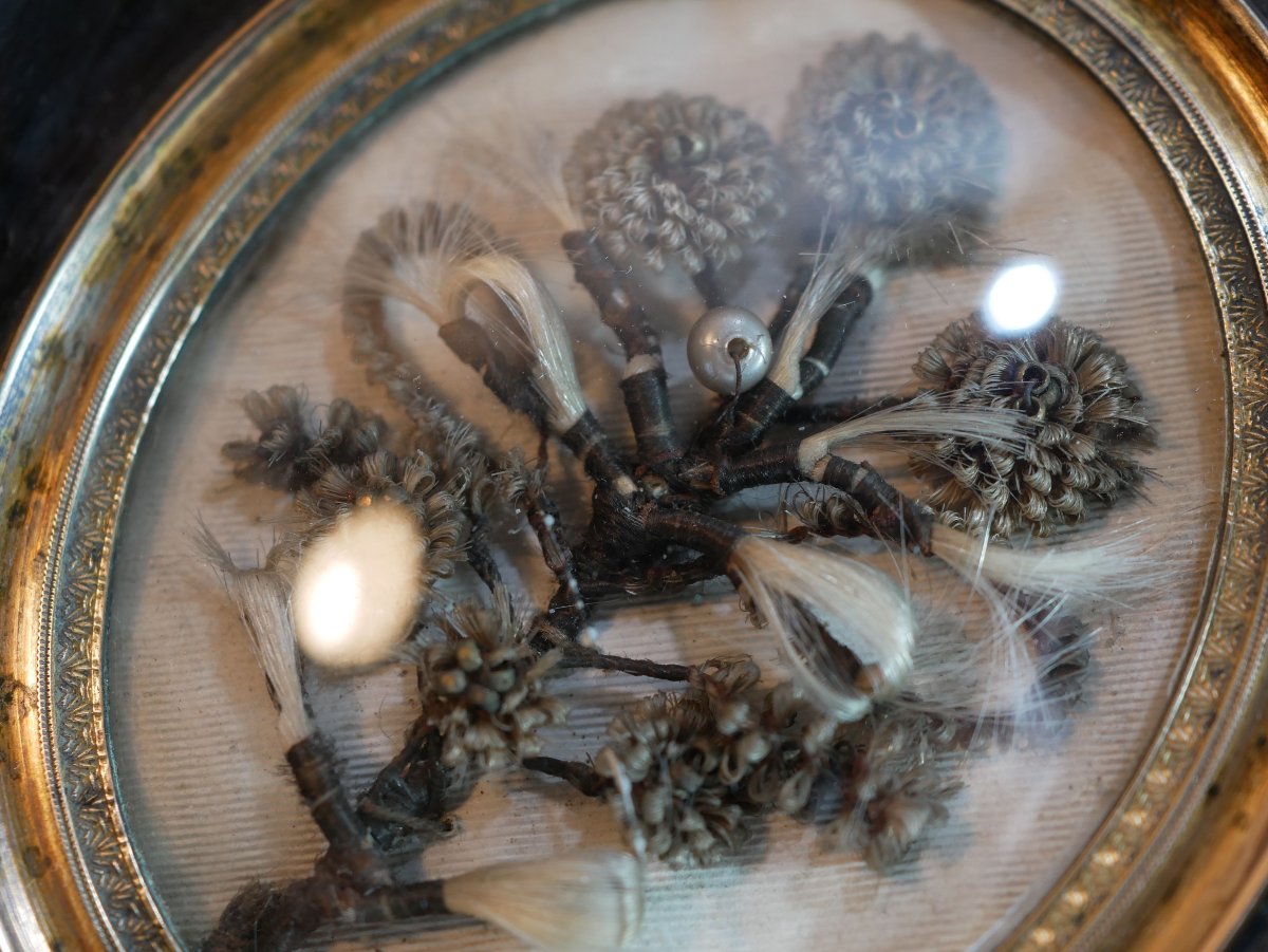 Cadre cheveux Memento Mori décor bouquet verre bombé Napoléon III SSL26CHV004-photo-6