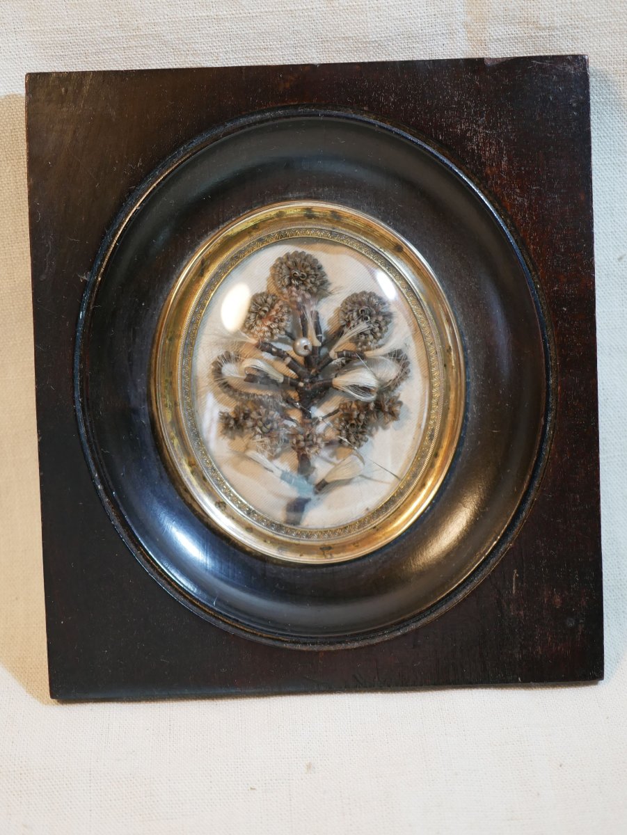 Cadre cheveux Memento Mori décor bouquet verre bombé Napoléon III SSL26CHV004-photo-8