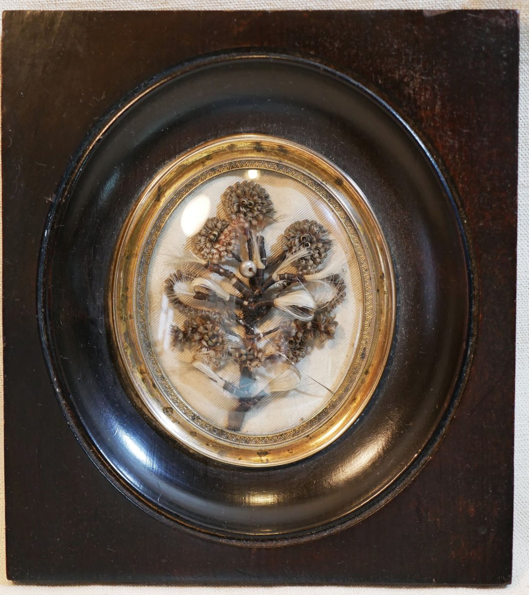 Cadre cheveux Memento Mori décor bouquet verre bombé Napoléon III SSL26CHV004