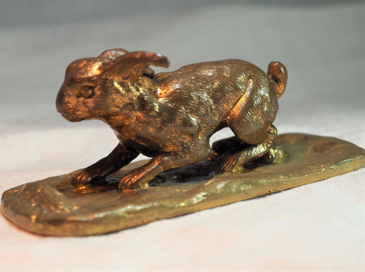 Small Animal Gilt Bronze - Rabbit On Bronze Base - Early XXIth-photo-2