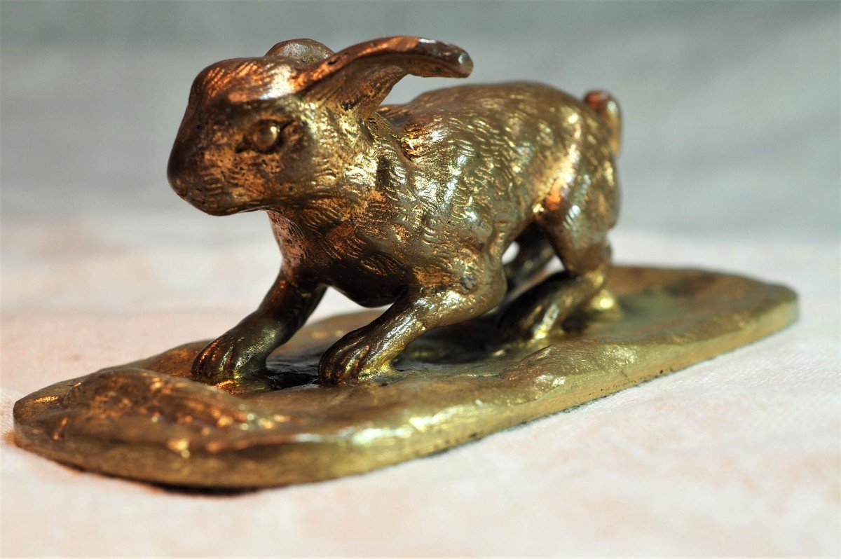 Small Animal Gilt Bronze - Rabbit On Bronze Base - Early XXIth-photo-3