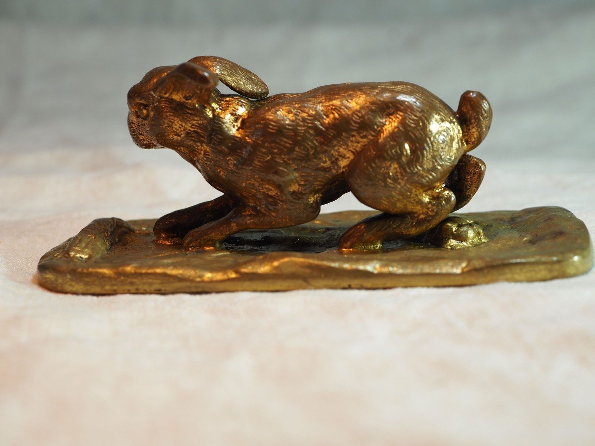 Petit Bronze Doré Animalier - Lapin Sur Socle Bronze - Début XXIème-photo-4