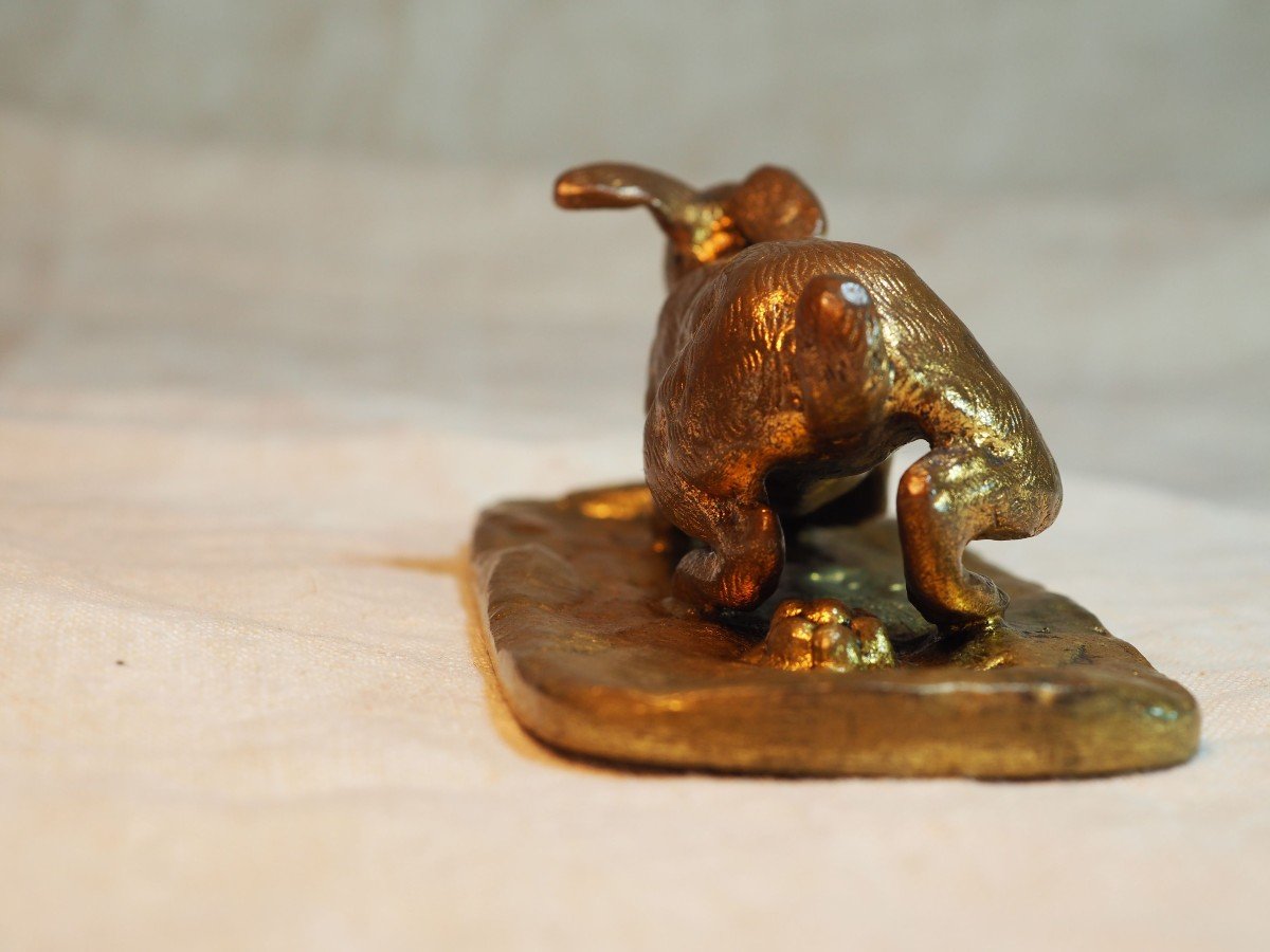 Small Animal Gilt Bronze - Rabbit On Bronze Base - Early XXIth-photo-1