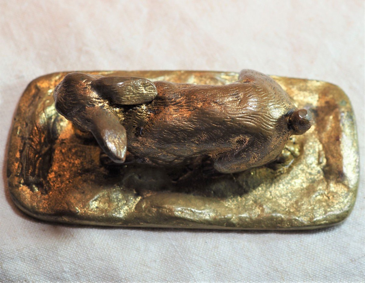 Small Animal Gilt Bronze - Rabbit On Bronze Base - Early XXIth-photo-2