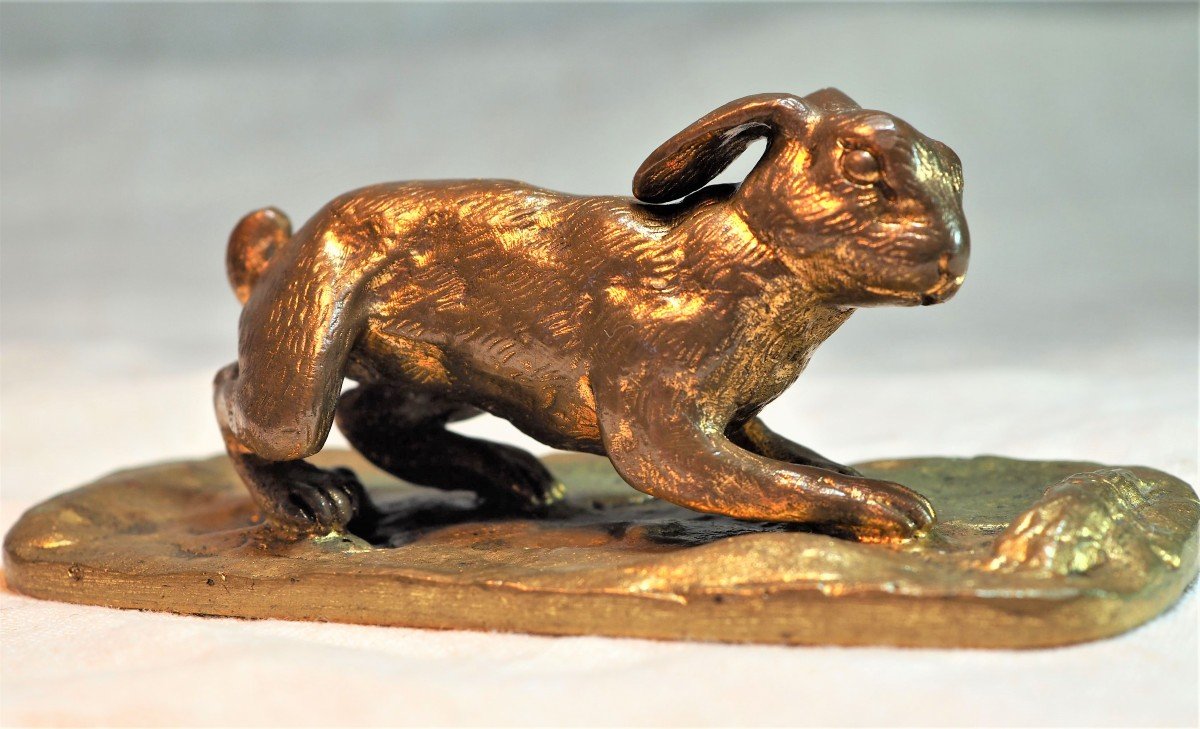 Petit Bronze Doré Animalier - Lapin Sur Socle Bronze - Début XXIème