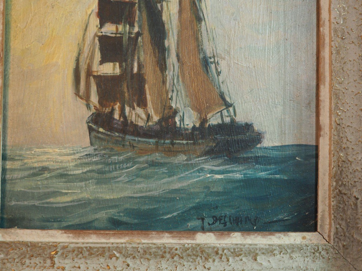 Hsp - Signed Gabriel Deschamps (born In 1919) - Boat Terre-neuvier Painter From Brittany-photo-5