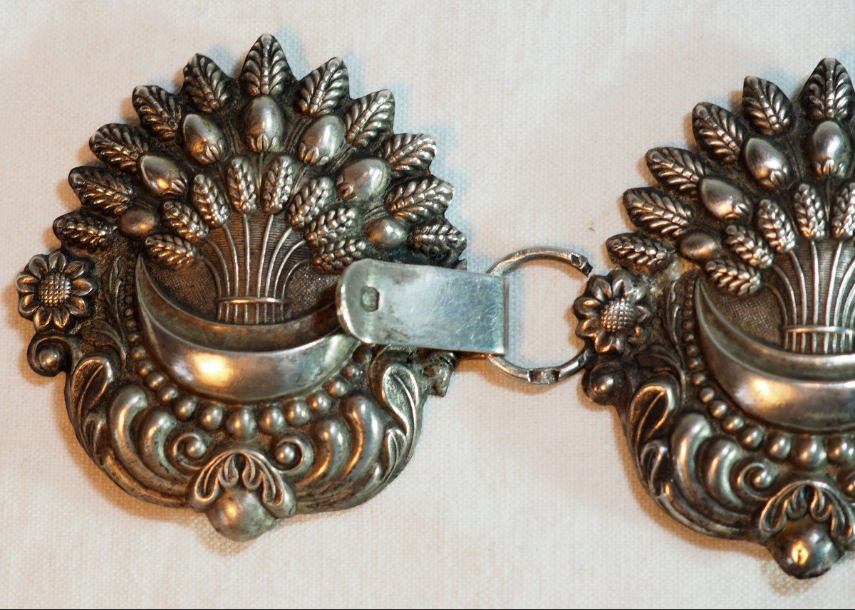 Officer's Buckle - Cape - Silver Engraved Chiseled Sheaves Wheat Flowers Hallmark Minerva Nineteenth-photo-3