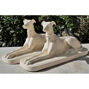 Art Deco - Pair Of Earthenware Greyhounds From Sarreguemines