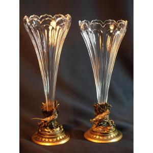 Pair Of Tall Crystal Cornets With Bronze Base Representing Rooster And Heather Hen