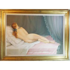 Hst - Painting R. Houy (20th Century) Nude Woman Callipige Blue Bow Oil On Canvas Scn25hst001