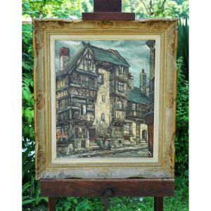 HST peinture couteau signée Boyer maison de bourg normande à colombage RBN25BOY001