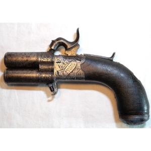 Double-barreled Pistol With Rotating Vertical Barrels. Lockplate Engraved Lelyon In Paris, 19th Century. Sdc26pst002