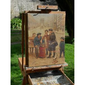 Scène Paris jeu de rue – forain et écoliers – huile sur toile signée Dubois XIXe PER25HST001