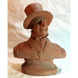 Buste caricatural en terre cuite d’homme au chapeau – dans le goût de Daumier, XIXe siècle  Rar