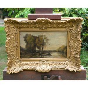 HSP dans le goût de Corot - Batelier marais rivière - peinture revers - XIXe NOY25HSP001