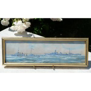 Aquarelle sous verre et encadrée représentant deux navires de guerre TOU25NAV001