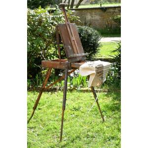 Antique XXth Painter's Easel With Accessories And Paintings Div24chv002