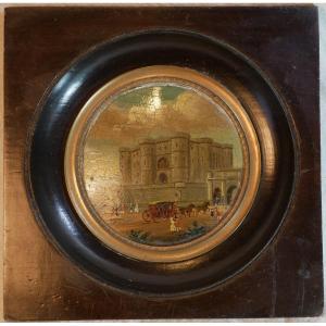 La Bastille Medallion Painting Depicting A Lively Scene With Figures And A Carriage, 18th Century Sdb25por003