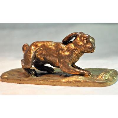 Petit Bronze Doré Animalier - Lapin Sur Socle Bronze - Début XXIème