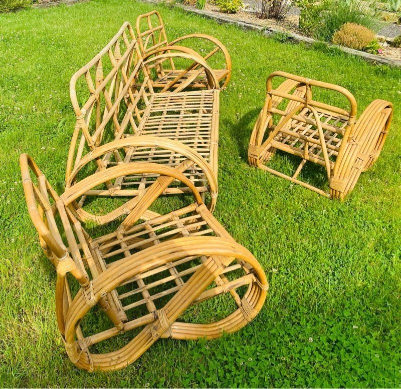 Rare Vintage Rattan Living Room Set By Paul Frankl, 1950s/60s-photo-2