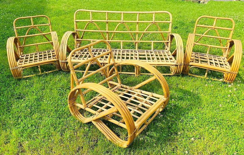 Rare Vintage Rattan Living Room Set By Paul Frankl, 1950s/60s