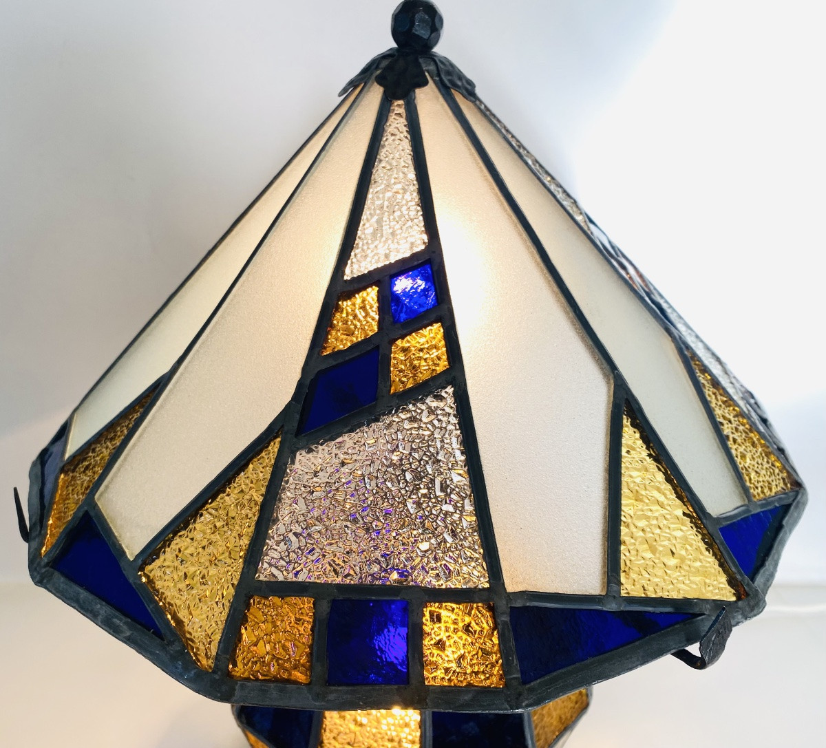 Rare lampe fer forgé et vitraux 1900 Alphonse Louis Calmels-photo-3