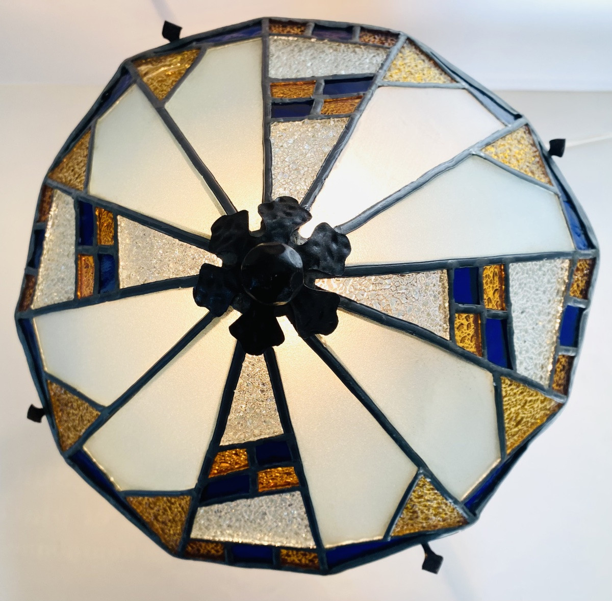Rare lampe fer forgé et vitraux 1900 Alphonse Louis Calmels-photo-4