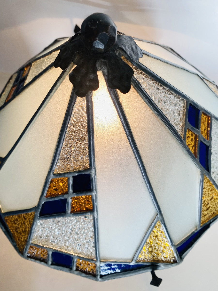 Rare lampe fer forgé et vitraux 1900 Alphonse Louis Calmels-photo-1