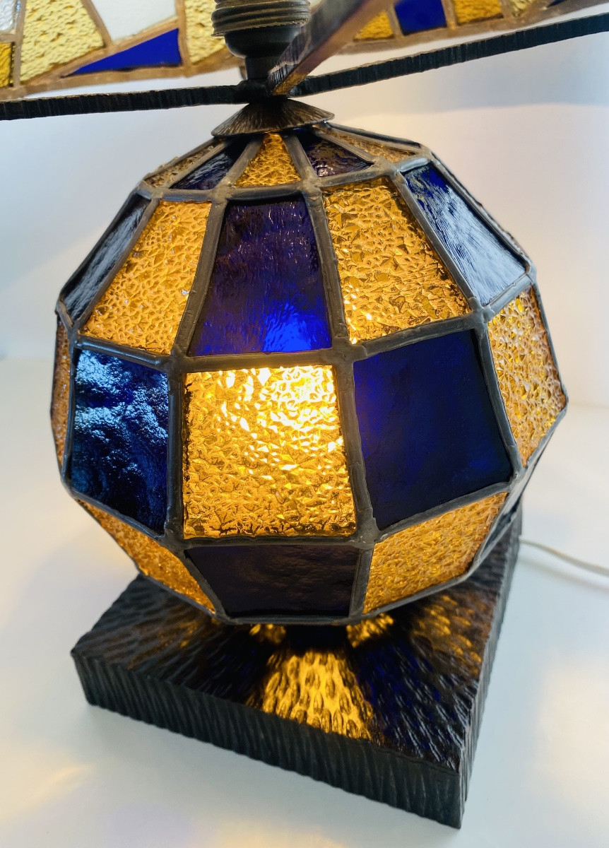 Rare lampe fer forgé et vitraux 1900 Alphonse Louis Calmels-photo-3