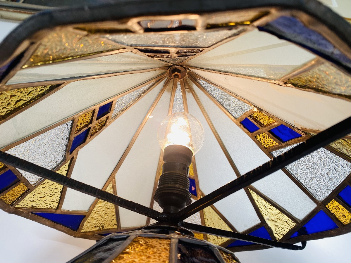 Rare lampe fer forgé et vitraux 1900 Alphonse Louis Calmels-photo-4