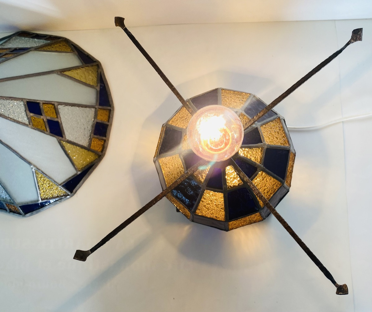 Rare lampe fer forgé et vitraux 1900 Alphonse Louis Calmels-photo-6