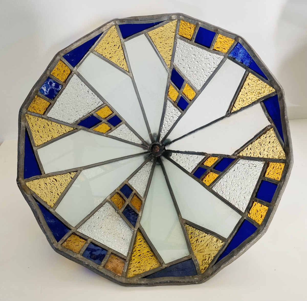 Rare lampe fer forgé et vitraux 1900 Alphonse Louis Calmels-photo-8