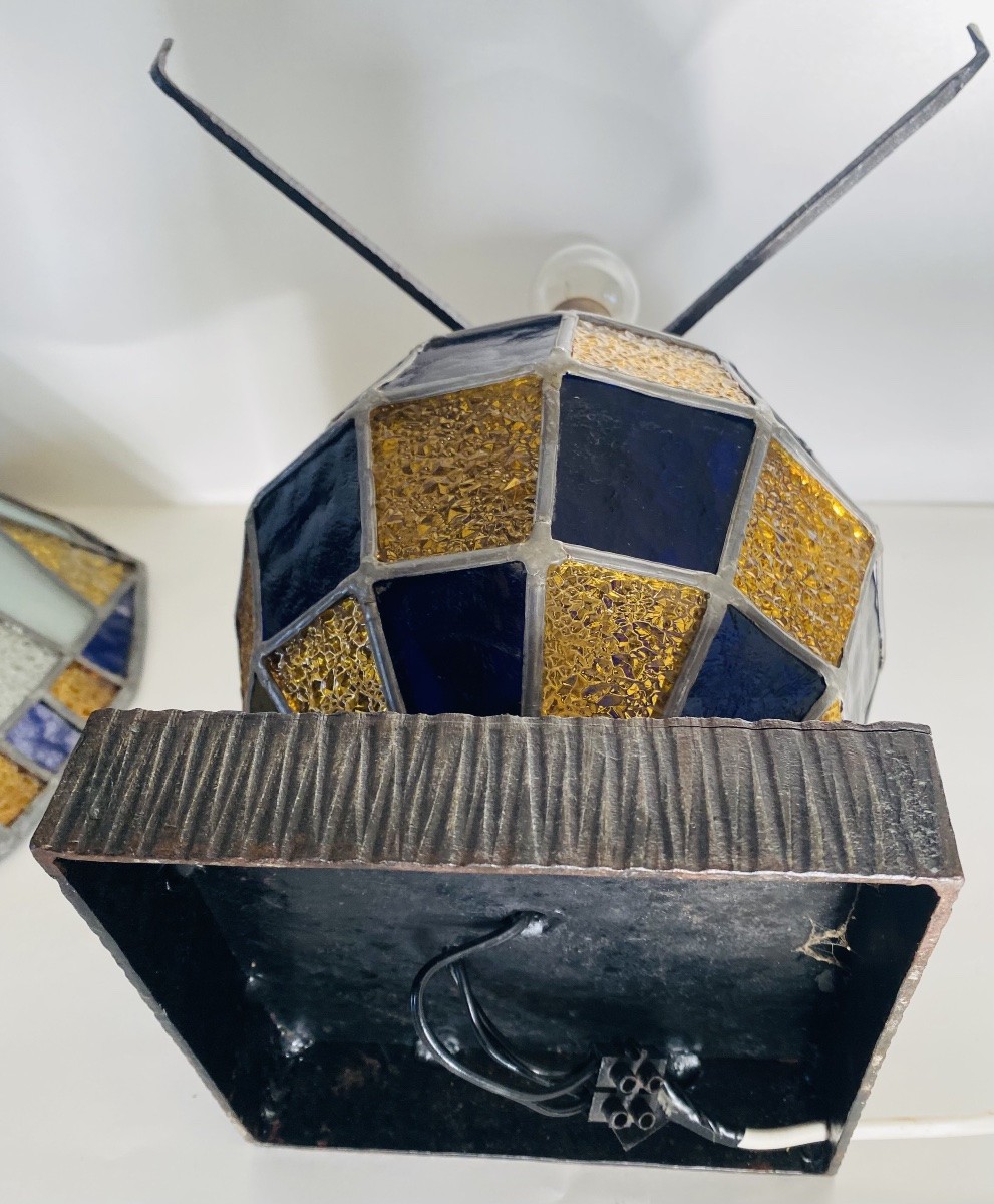 Rare lampe fer forgé et vitraux 1900 Alphonse Louis Calmels-photo-7