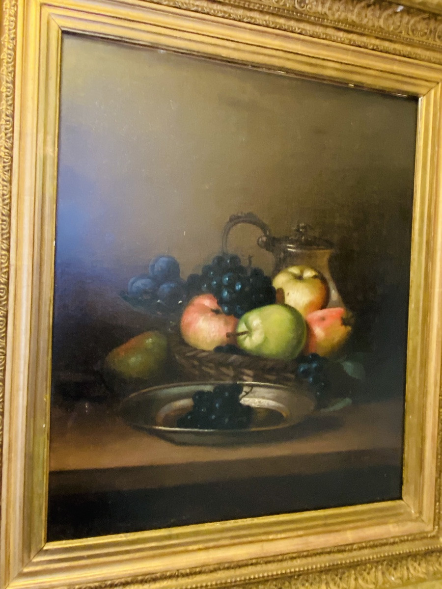 Tableau huile sur toile 19eme Nature morte au fruits . L. Lebrun -photo-2