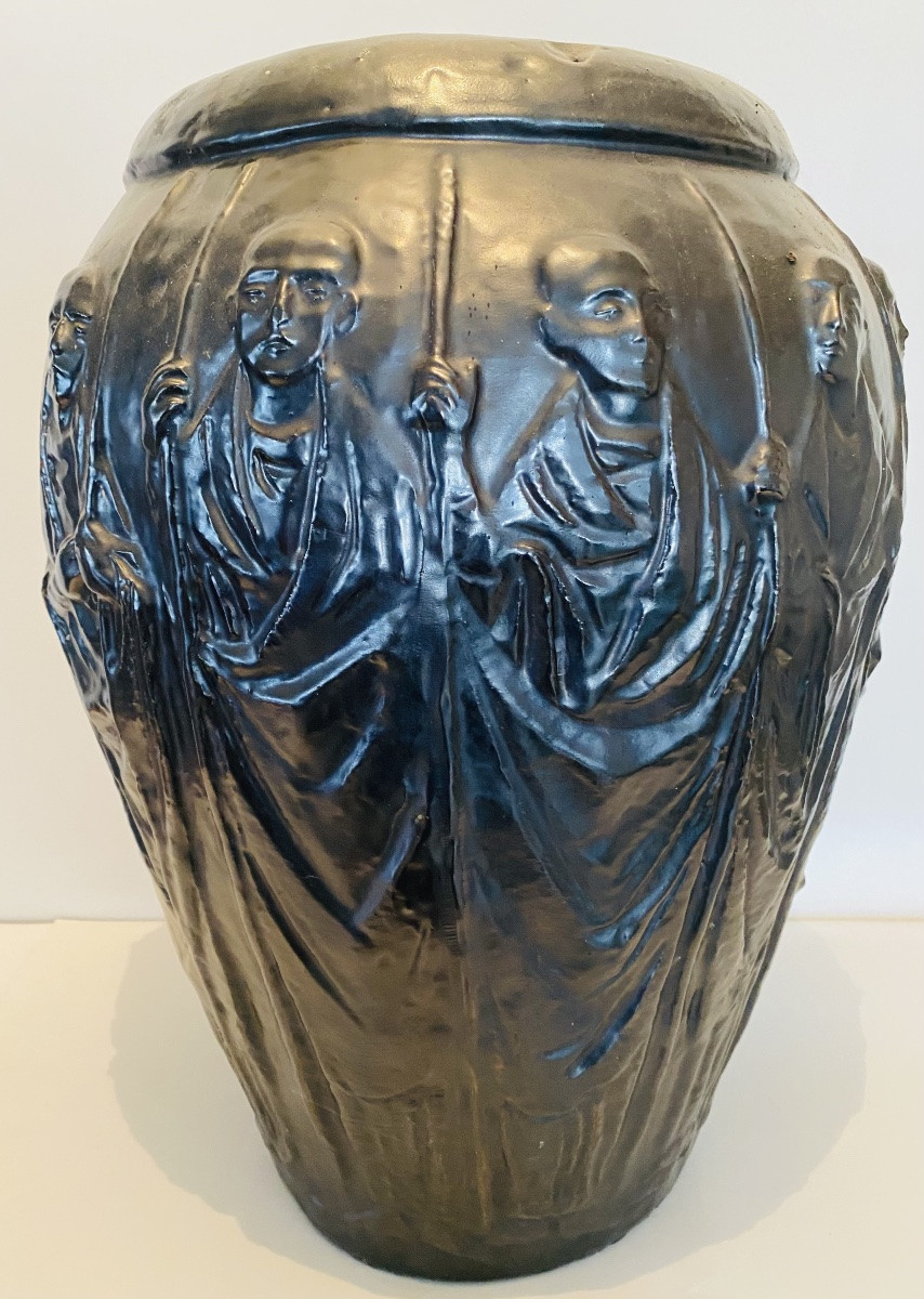 Very Large Antique Glazed Pottery Decorated With Asian Monks -photo-3