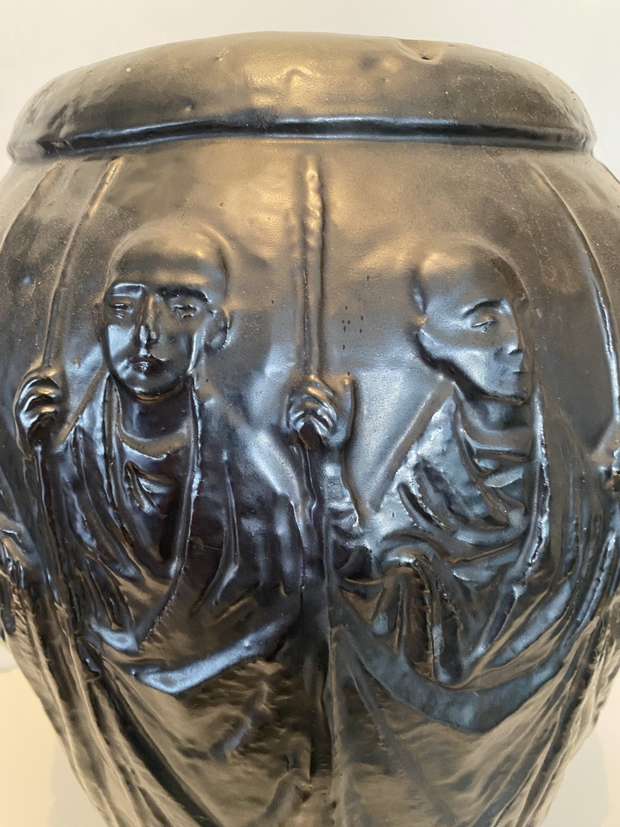 Very Large Antique Glazed Pottery Decorated With Asian Monks -photo-4