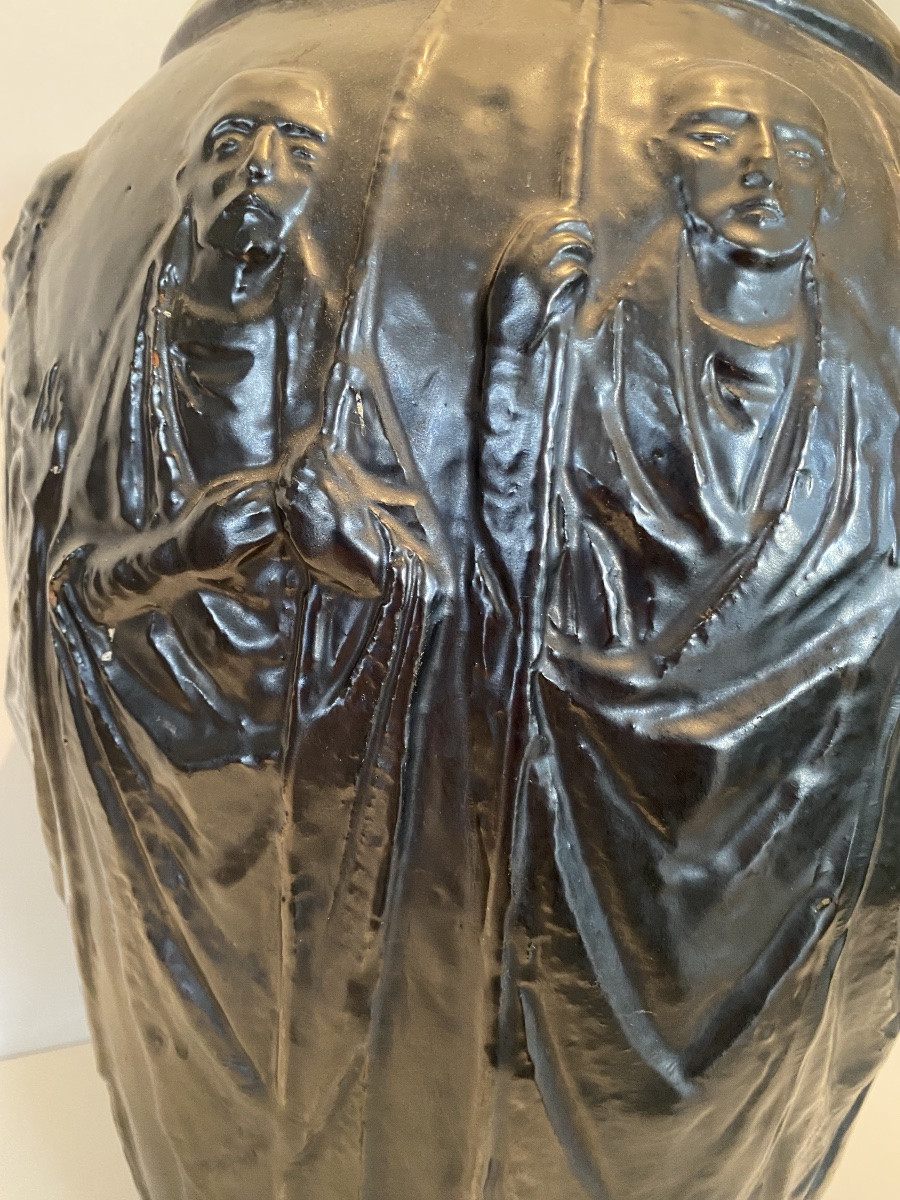 Very Large Antique Glazed Pottery Decorated With Asian Monks -photo-1