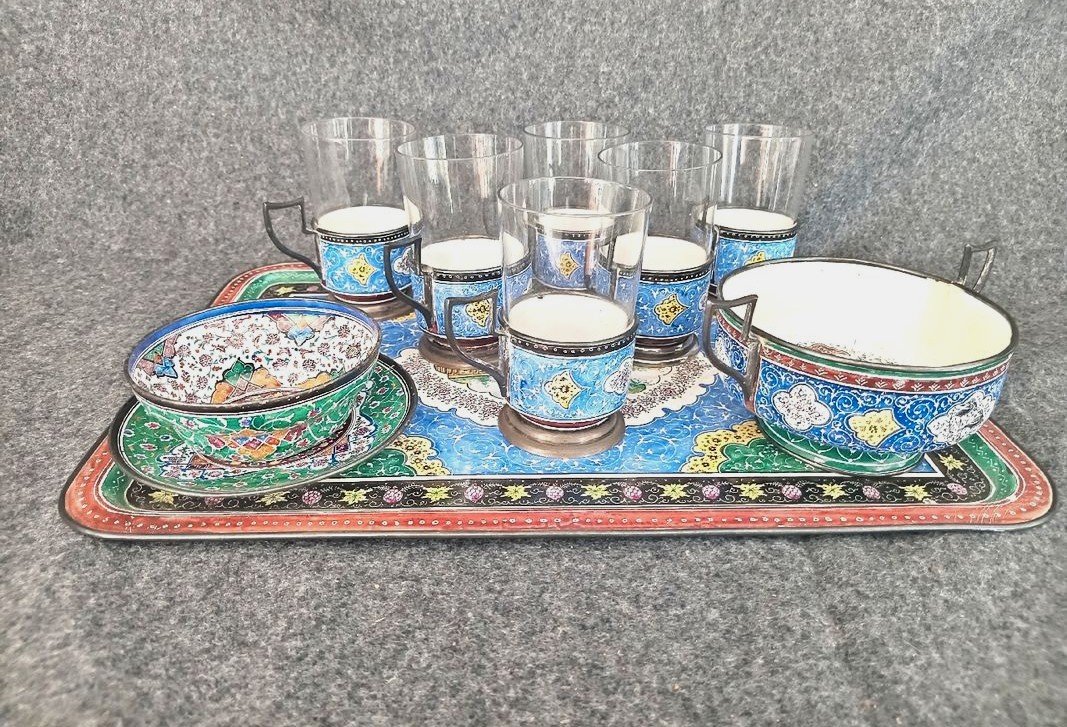 Service à thé ancien, travail persan, fabriqué en Iran, cristal de Baccarat, émaux sur cuivre -photo-2