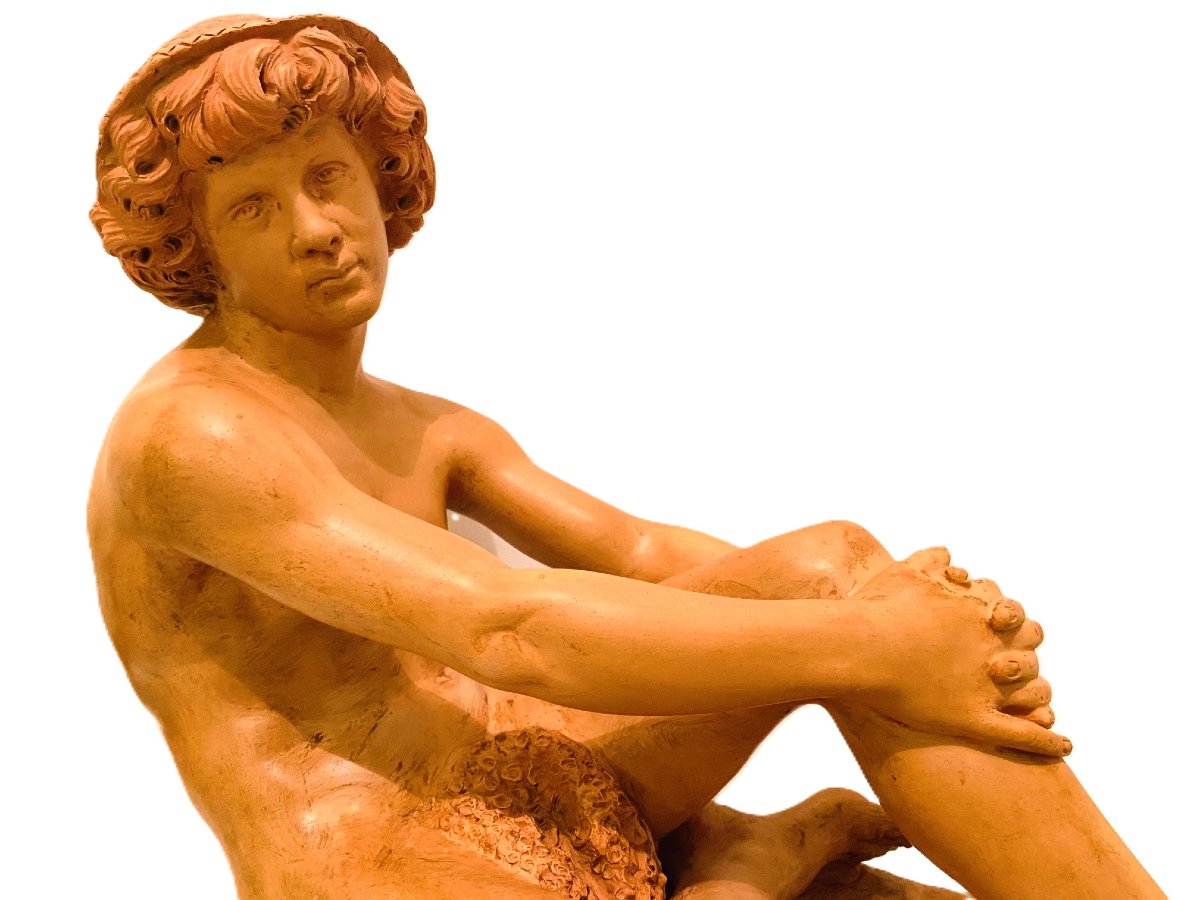 Sculpture jeune homme nu au chapeau en terre cuite de LAFORESTERIE du 19ème siècle-photo-2