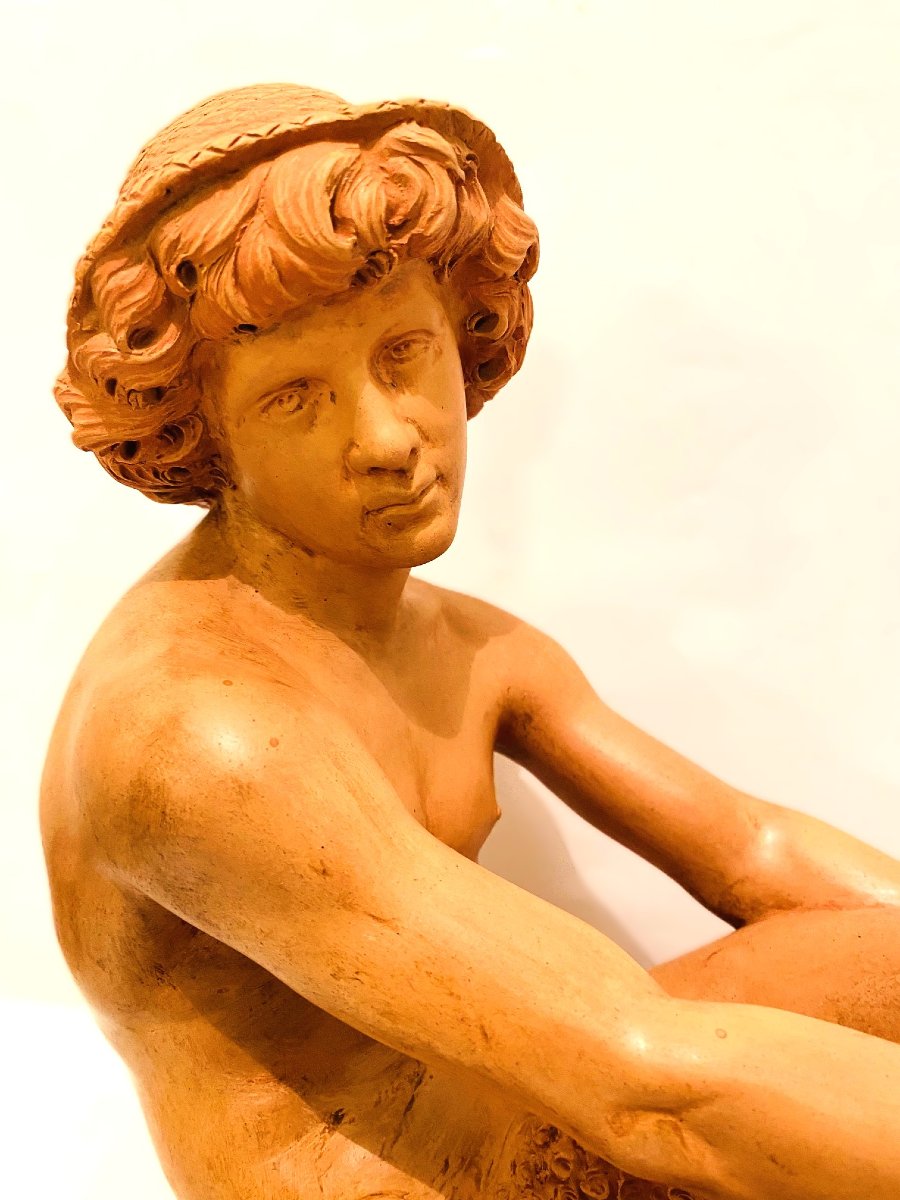Sculpture jeune homme nu au chapeau en terre cuite de LAFORESTERIE du 19ème siècle-photo-3