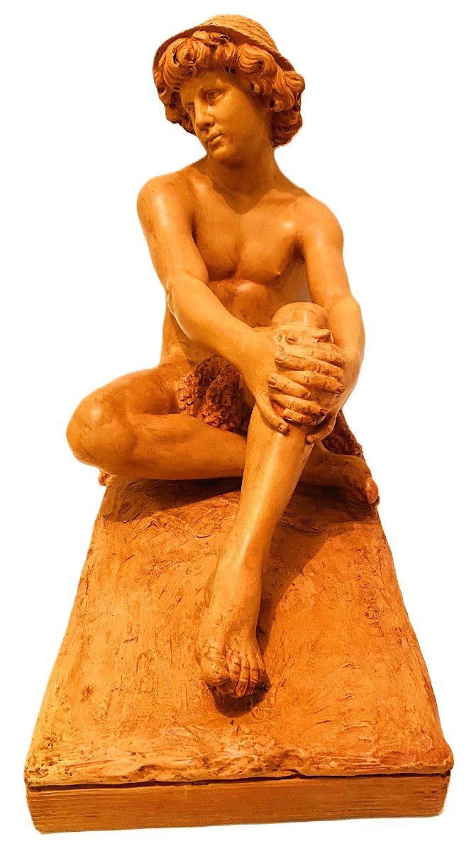 Sculpture jeune homme nu au chapeau en terre cuite de LAFORESTERIE du 19ème siècle-photo-4