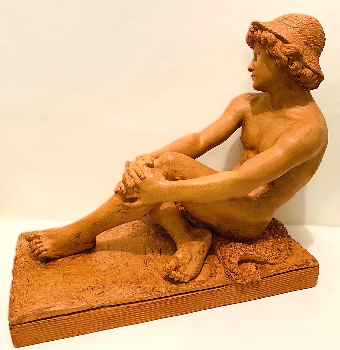 Sculpture jeune homme nu au chapeau en terre cuite de LAFORESTERIE du 19ème siècle-photo-2