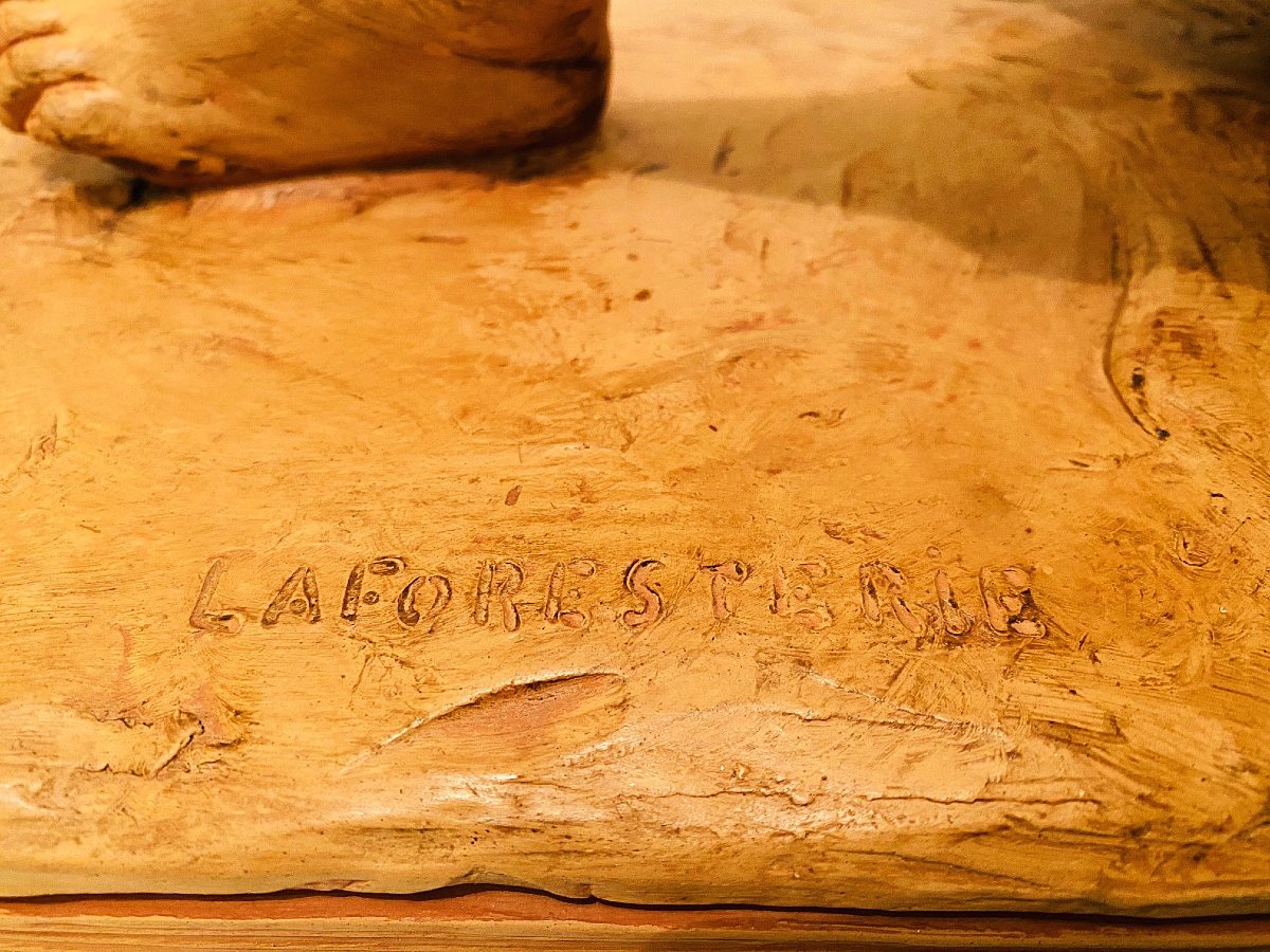 Sculpture jeune homme nu au chapeau en terre cuite de LAFORESTERIE du 19ème siècle-photo-3
